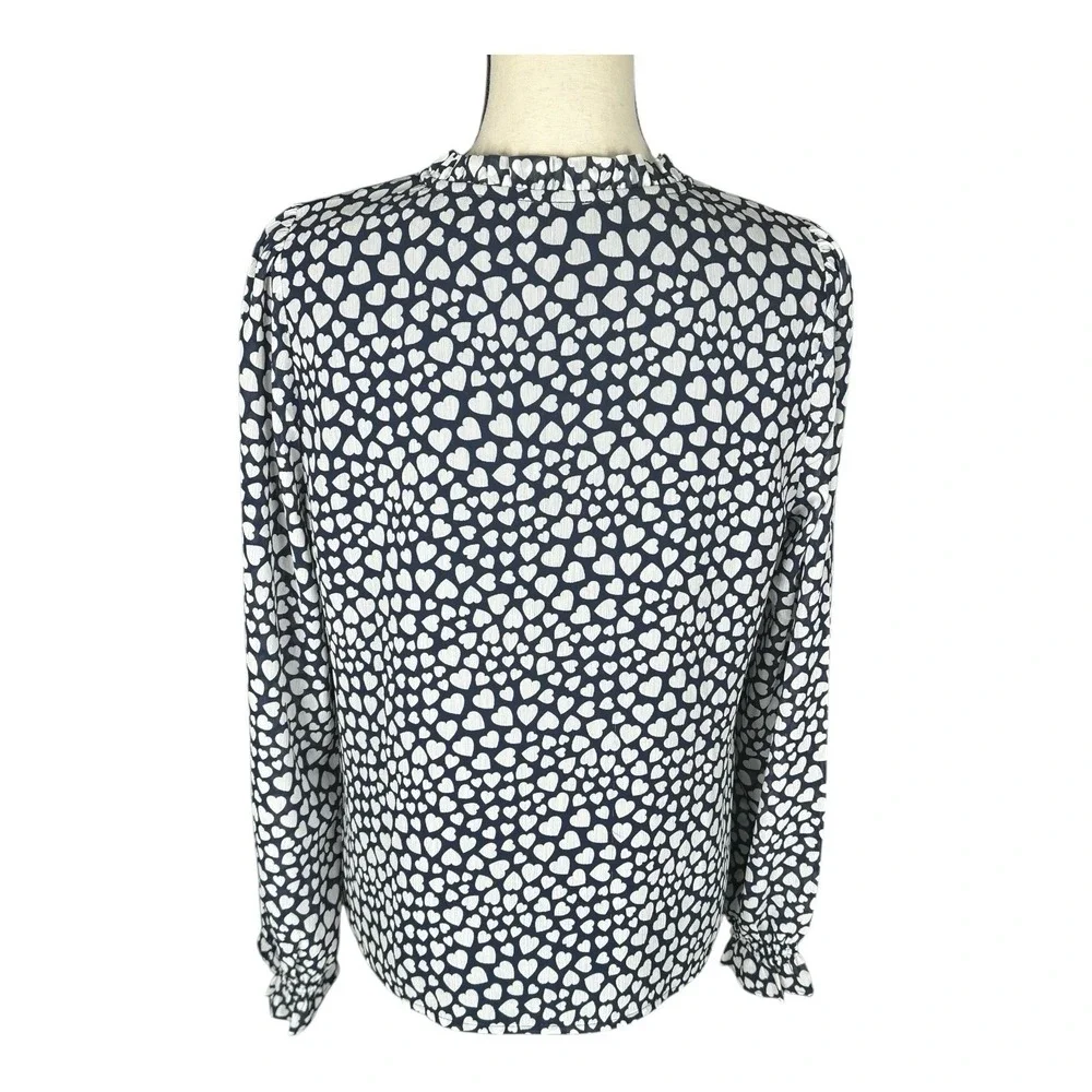 J.CREW Womens Size M White Navy Blue Pintuck Heart Print Popover‎ Blouse Top